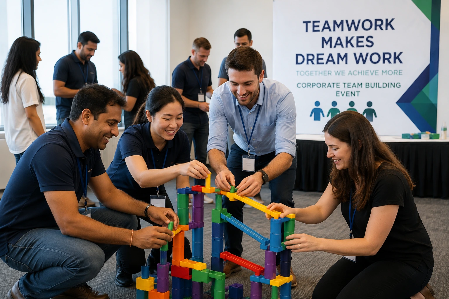 Corporate team participating in a team building activity during a corporate event