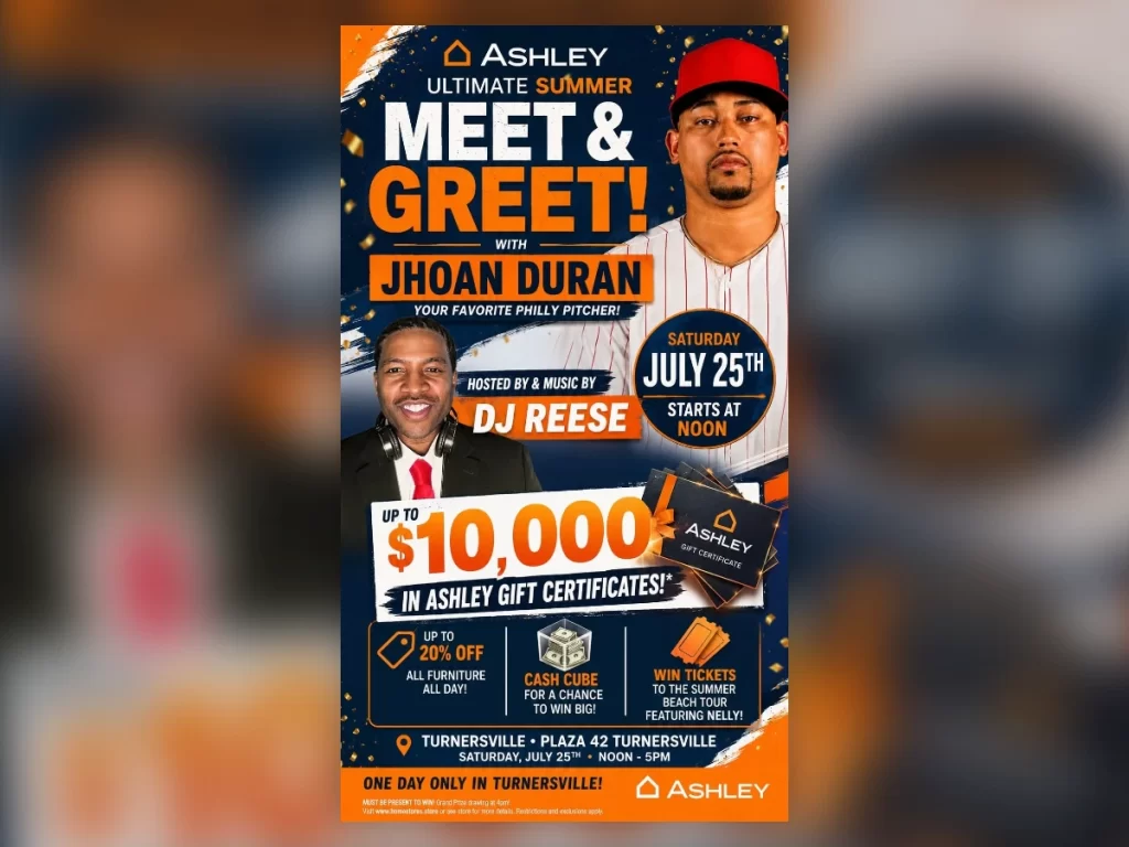 DJ Reese hosting the Ashley Furniture Ultimate Summer Meet and Greet brand activation event with Phillies pitcher Jhoan Duran