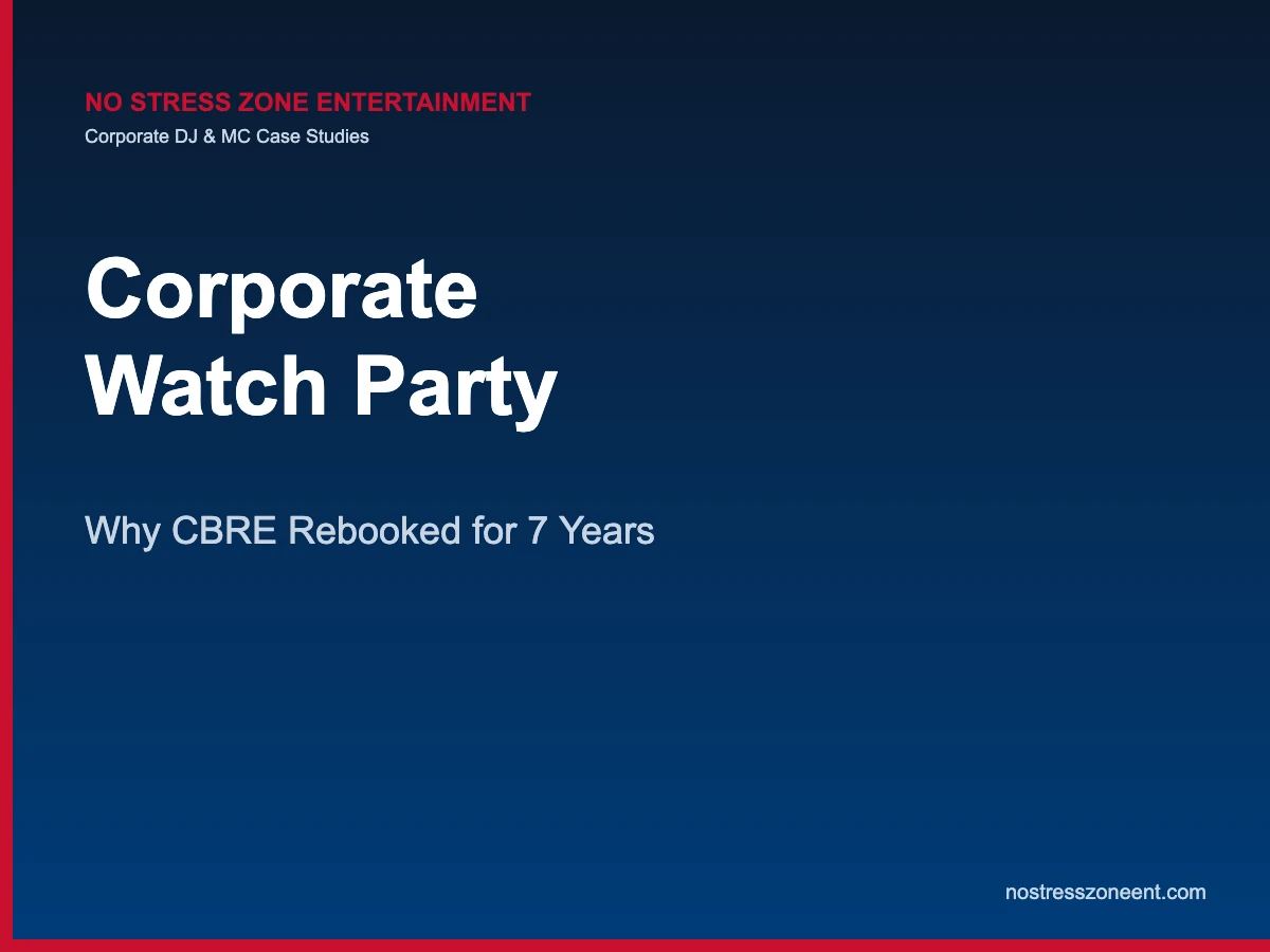 corporate watch party — corporate DJ case studies featured image, No Stress Zone Entertainment