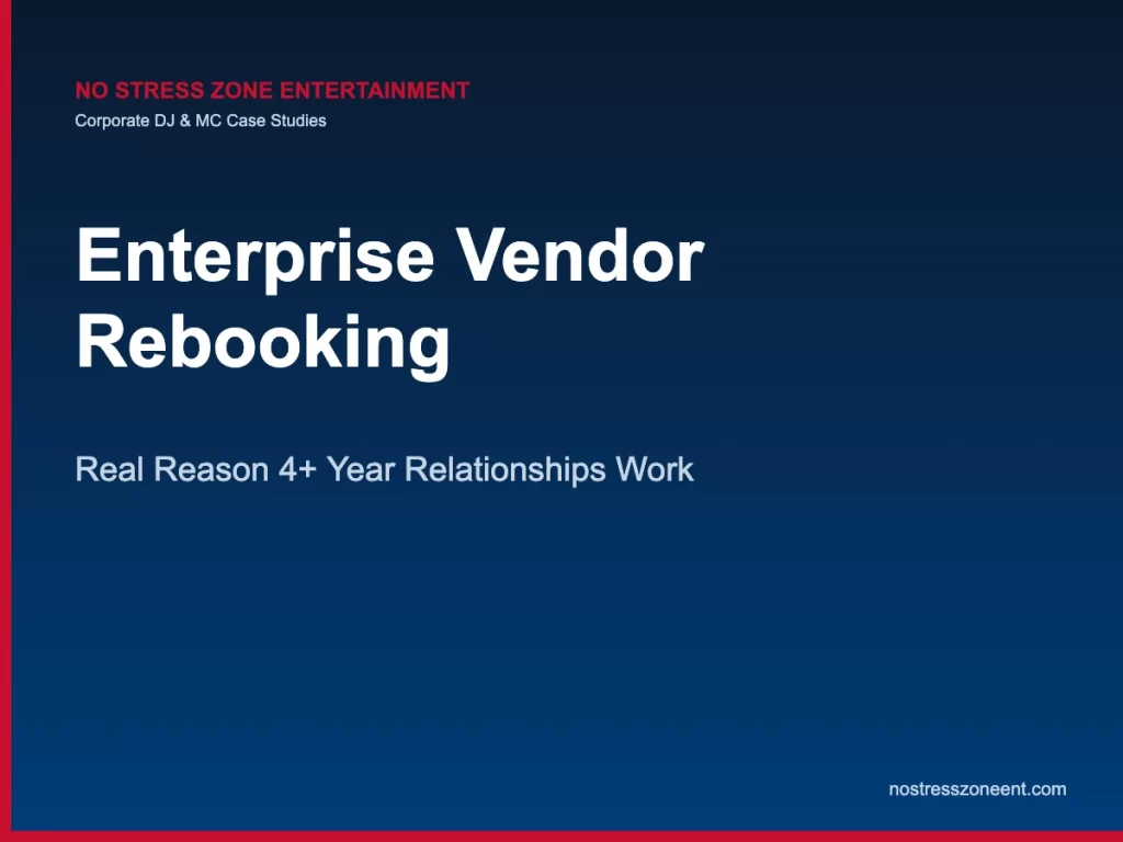 enterprise vendor rebooking — corporate DJ case studies featured image, No Stress Zone Entertainment