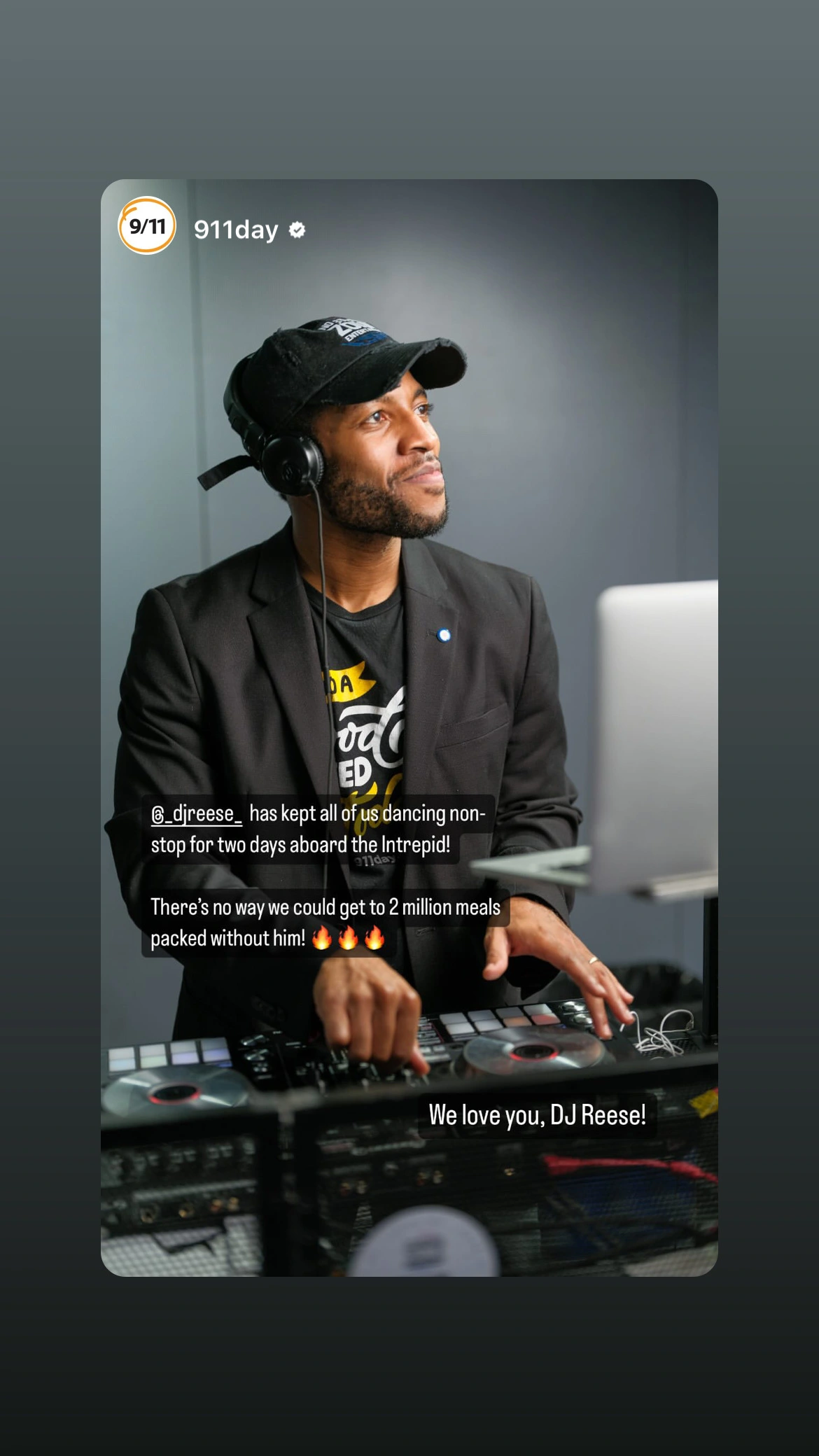 Instagram story from the verified 9/11 Day account thanking DJ Reese for keeping volunteers dancing for two days aboard the Intrepid