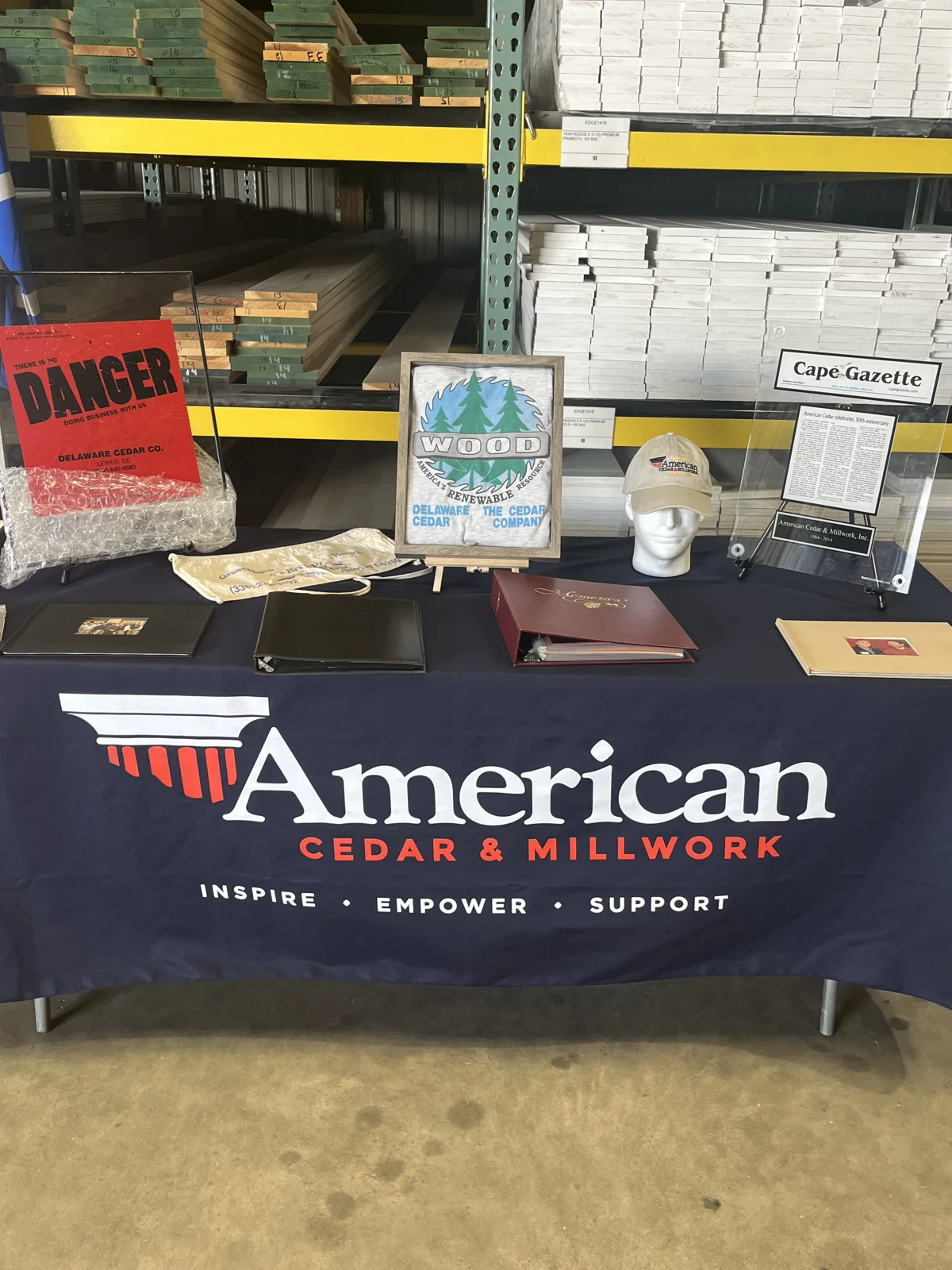 Vendor tables set up for the American Cedar & Millwork 40th Anniversary event